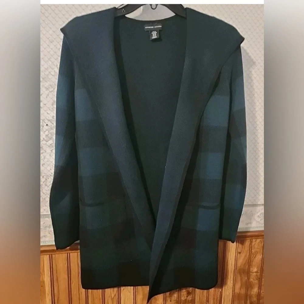 Adrienne Vittadini plaid hooded cardigan M